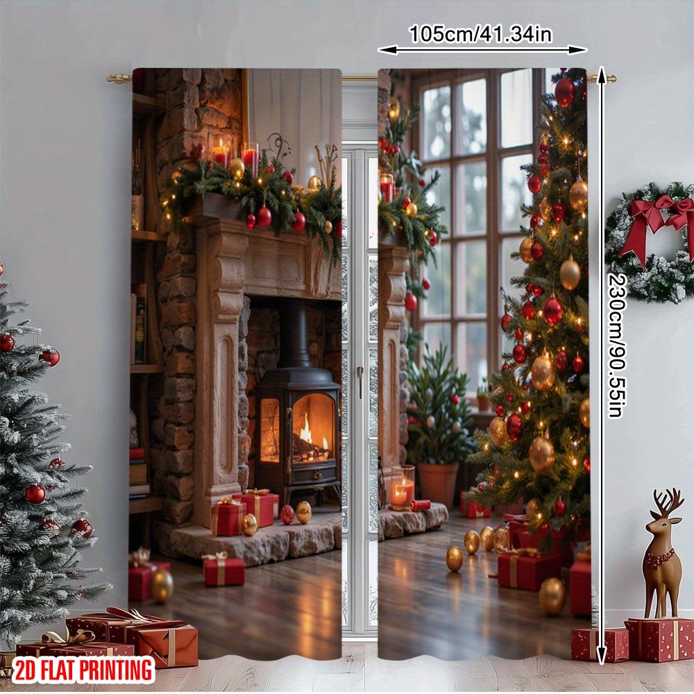 TEMU 2pcs 2d Flat Printing Merry Christmas Curtain Christmas Fireplace And Tree Polyester Fabric Without Electricity Birthday Party Use For , 2d Flat