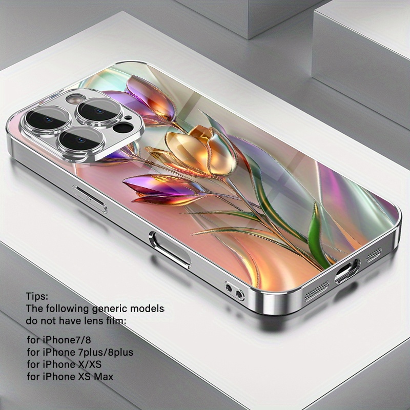 TEMU Coque de téléphone - Une et colorée coque de téléphone en verre électroplaqué avec motif 3D de et protection d'objectif pour iPhone