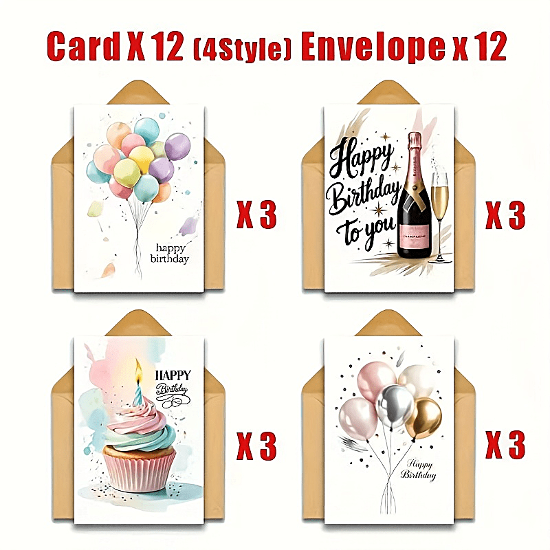 E-shop 24 Blatt Geburtstagskarten Set, 12 Stück Grußkarten und 12 Stück Umschläge, Aquarell Ballon und Geburtstagstorte Happy Birthday Karten, Geeignet