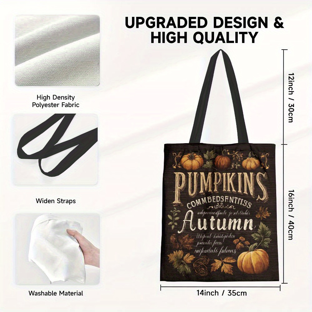 TEMU 1pc, Autumn Pumpkin Leaves Harvest Blessing_1 Canvas Tote Bag, Reusable Grocery Bags, Durable Shoulder Thanksgiving Tote Bag For Fall Travel,