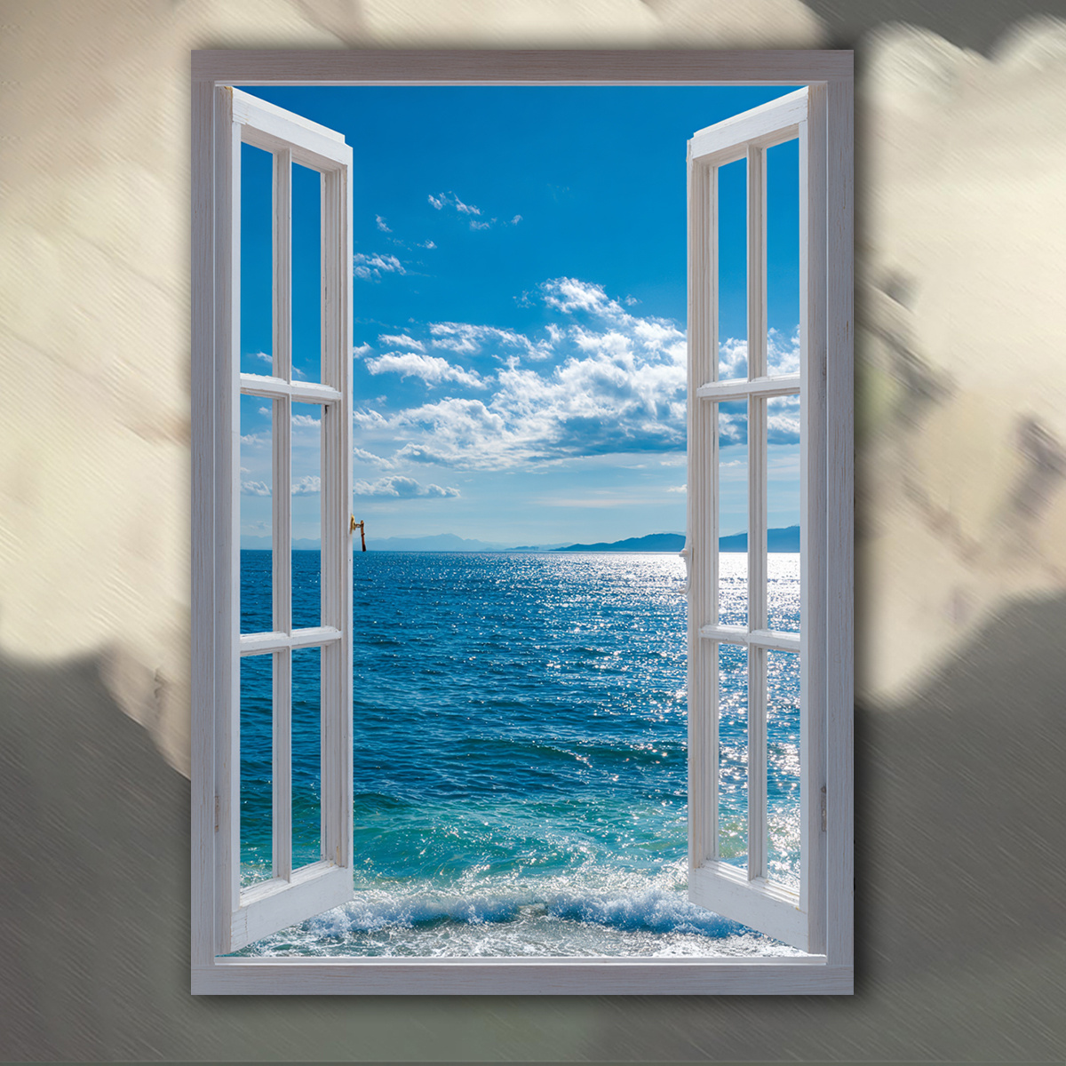TEMU 2d Flat, 1pc Frameless Realistic Ocean Window Canvas Painting - Modern Beach Wall Art For Living Room, Bedroom, Office - 2d Sea Window Design