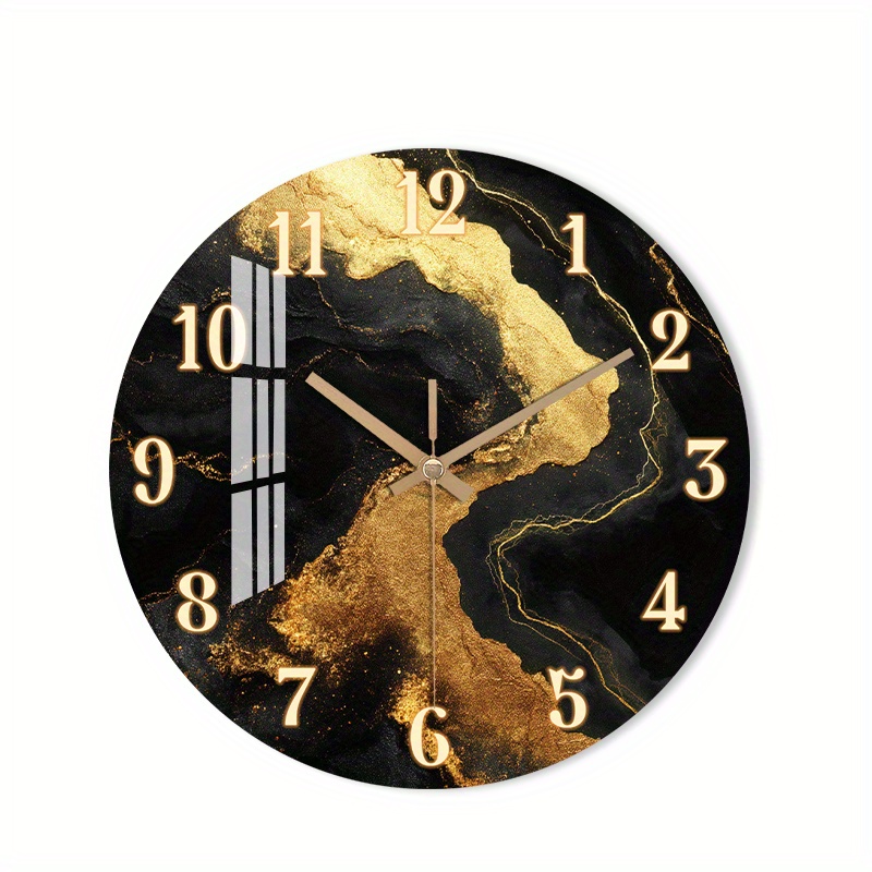 TEMU 1pc Silent Wall Clock Non-ticking Wooden, Decorative Circular Clock Abstractgoldenand Black Marble Clock For Kitchen, Bedroom, Living Room, ,