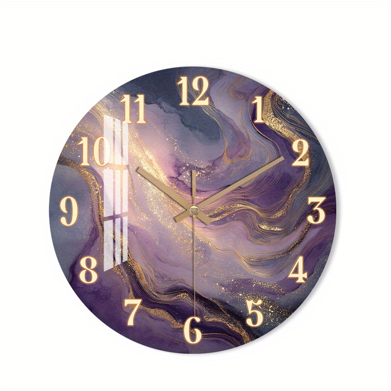 TEMU 1pc Silent Non-ticking Wall Clock - Modern Elegant Golden Swirls On Deep Purple Background, Wooden Frame - For Living Room, Bedroom, Kitchen,