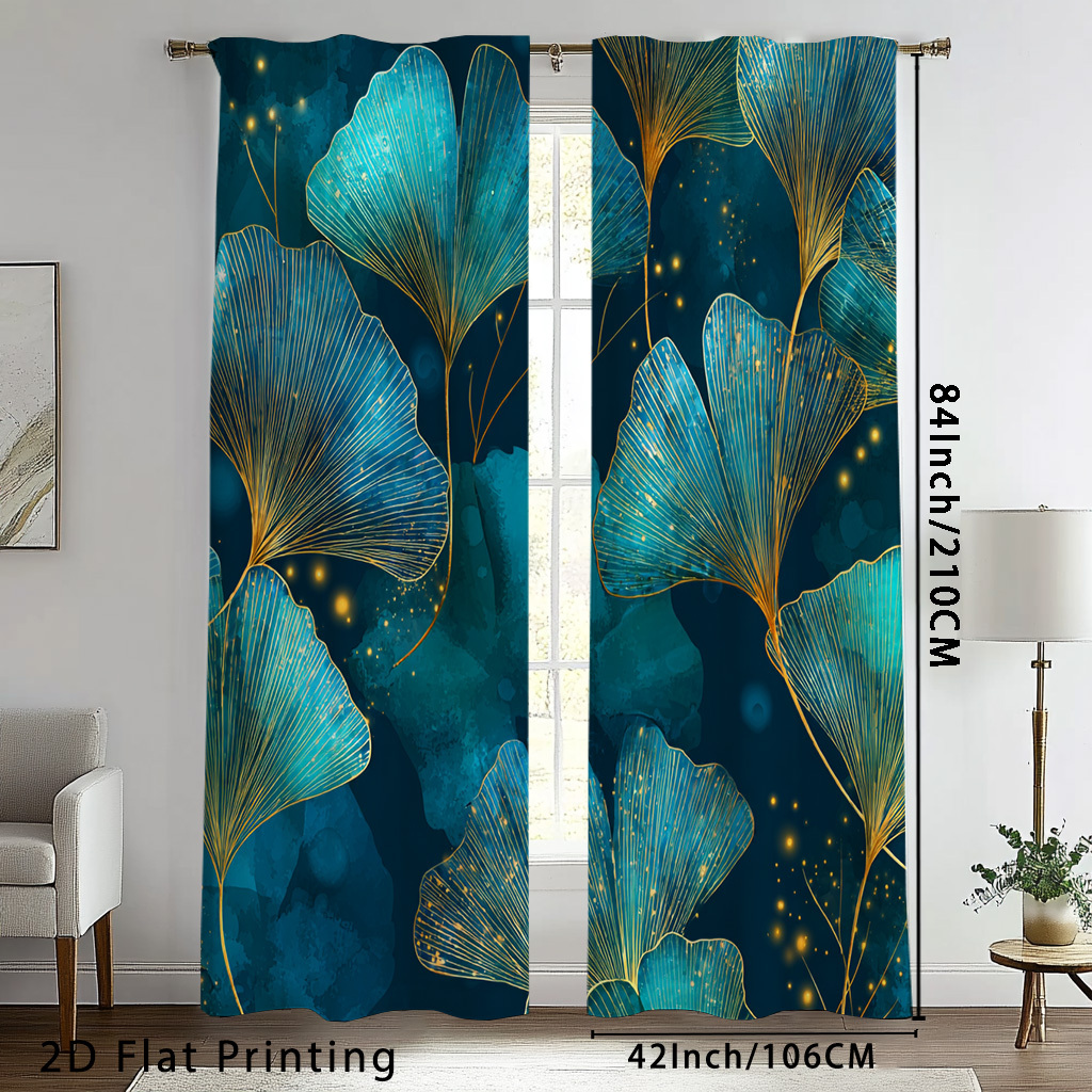 TEMU 2D Plat - 2D Plat - Ensemble de 2, Rideaux Plats Imprimés avec des Feuilles de Ginkgo Inspirées de la Nature, Rideaux Occultants Courts pour