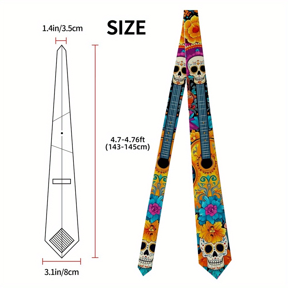 TEMU 1pc Of 2d Flat-printed Tie Featuring Skulls And Marigolds, Made From Durable . A Perfect Gift For , Suitable For Weddings, , And Business Events