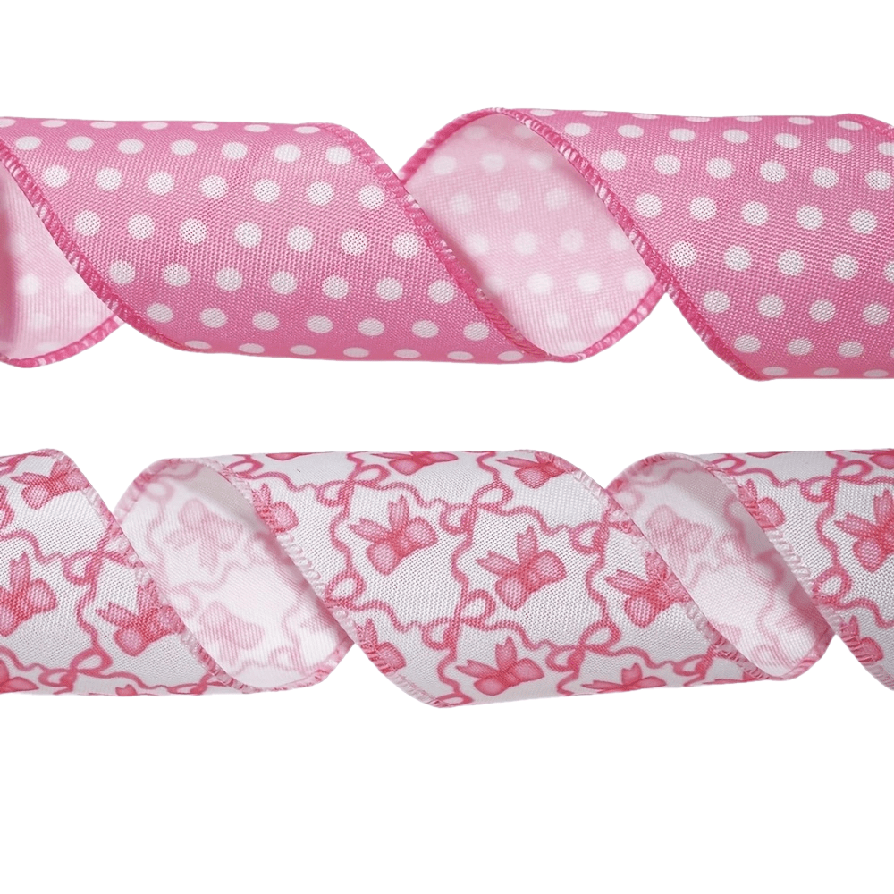 TEMU 2 Rolls Of 63mm Pink Polka Dot Bow Set With Iron Wire Edge Ribbon - Suitable For Flower Garlands, Floral Bows, Craft Decoration, Gift Packaging,