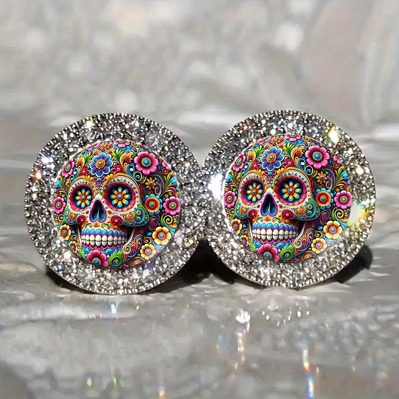 TEMU Sparkling Painted Skull, Flowers, Mexican Style, Exquisite Inspiration Jewelry For Fashionable Wear, Ideal Gift And Trendy
