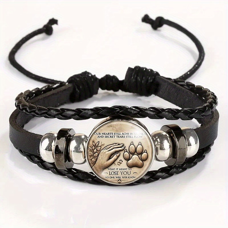 TEMU Adjustable Vintage Pet Loss Memorial Bracelet - Elegant Black Leather Wristband With "i " Message & Paw Print Pendant, Bohemian Style For