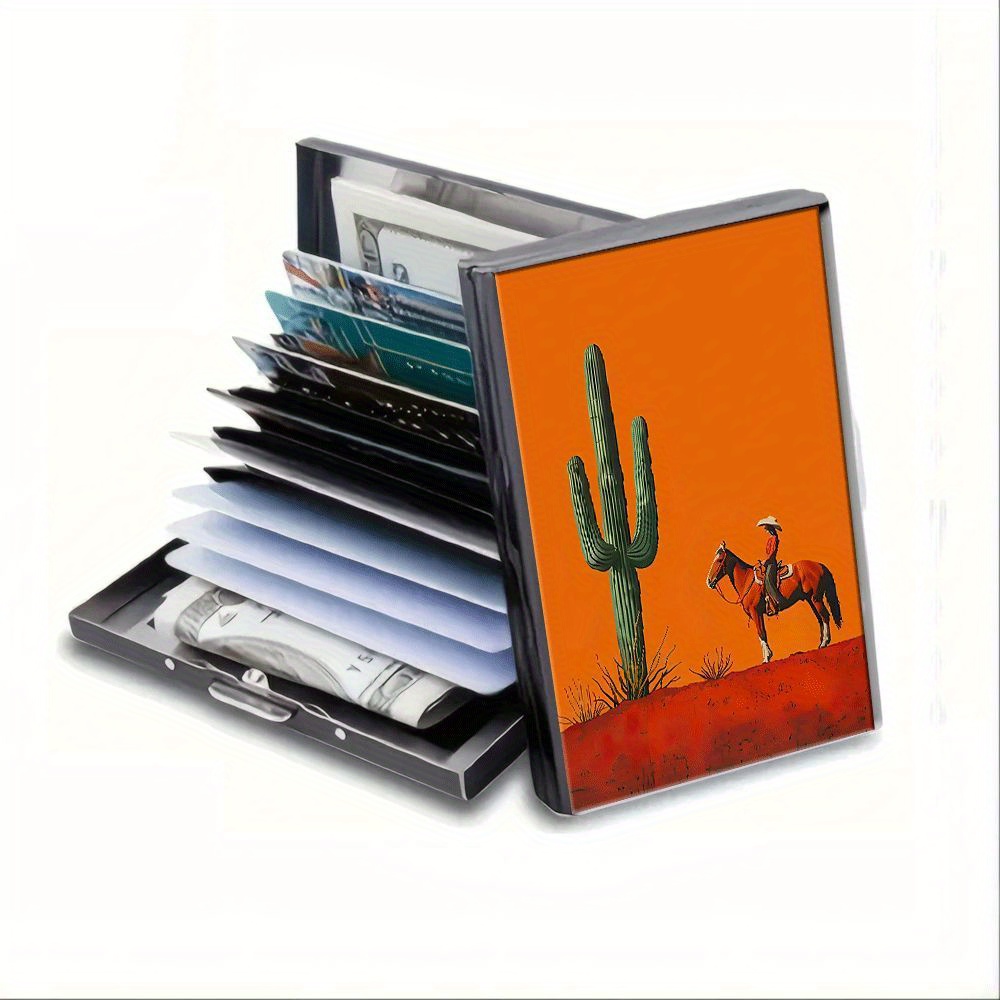 TEMU A Credit Card Wallet Made Of Stainless Steel, Featuring With A Horse Rider, Cowboy, And Cactus, Ideal For Men And Women