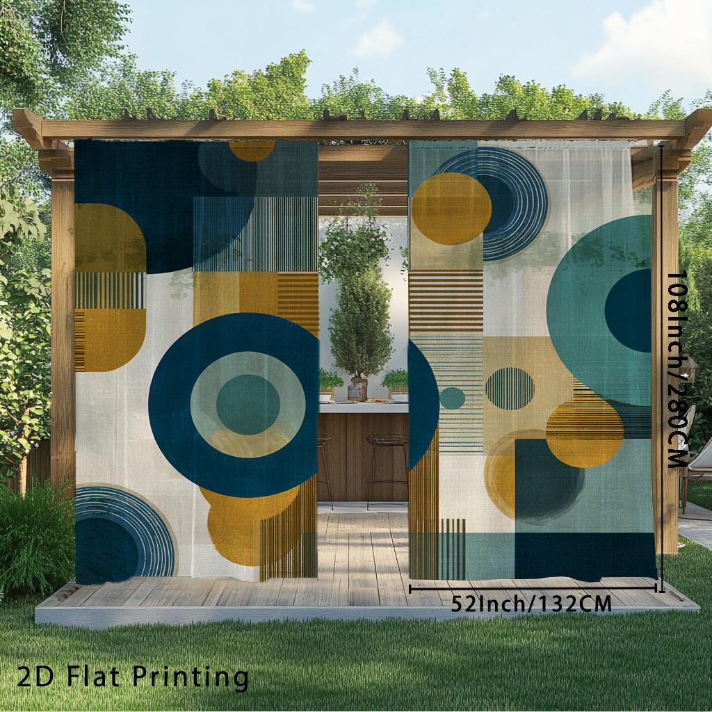 TEMU 2pcs Mid-century Modern Curtains - Semi-sheer Filtering Light Privacy Window Drapes With Circles In Teal, Mustard, Coral - Machine Washable