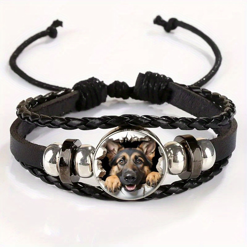 TEMU Adjustable Vintage Bohemian Bracelet With German Shepherd Puppy Wall Charm - Black Faux Leather Wristband, Mixed , Casual Attire & Gift For Dog Lovers, For Teenager