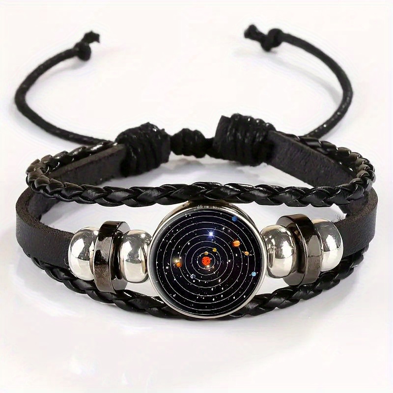 TEMU A Retro-style Bracelet Featuring A Solar , Complete With And A -themed Pendant - A Chic Black Faux Leather Wristband Perfect For Daily Use Or As