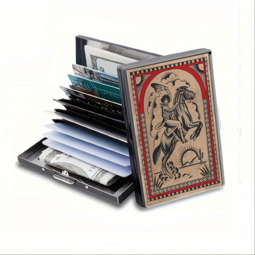 TEMU Stainless Steel Credit Card Holder Cowboy Horse Riding Sunset Desert Credit Card Wallet Business Card Holder Suitable For Women Men
