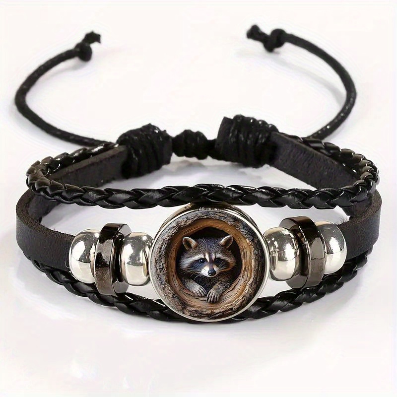TEMU Adjustable Vintage Bracelet With A Raccoon In A And A Cute Pendant - Stylish Black Leather Wristband, Suitable For Daily Wear Or, For Teenager