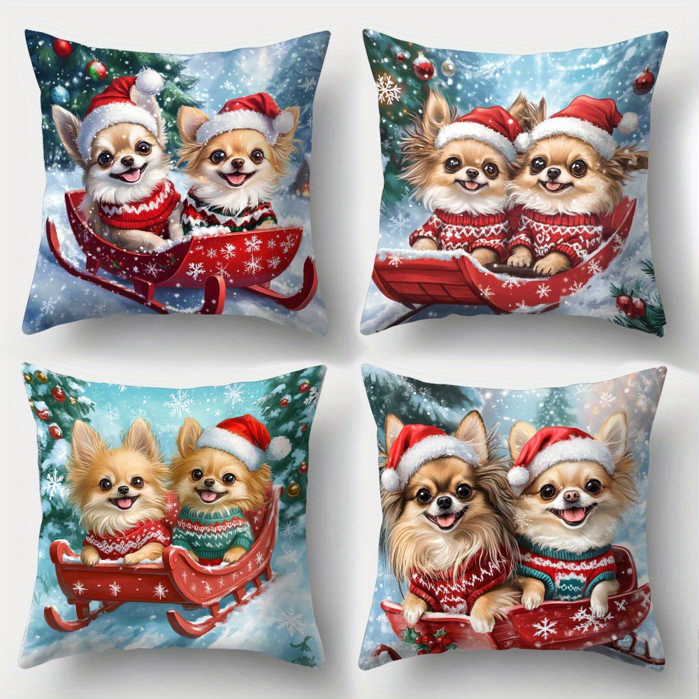 TEMU 4 Pezzi Copricuscino Chihuahua Carini, Fodere per Cuscini Invernali Natalizi con Stampa a Una in Poliestere �� Decorazioni per Festivit�, Casa,