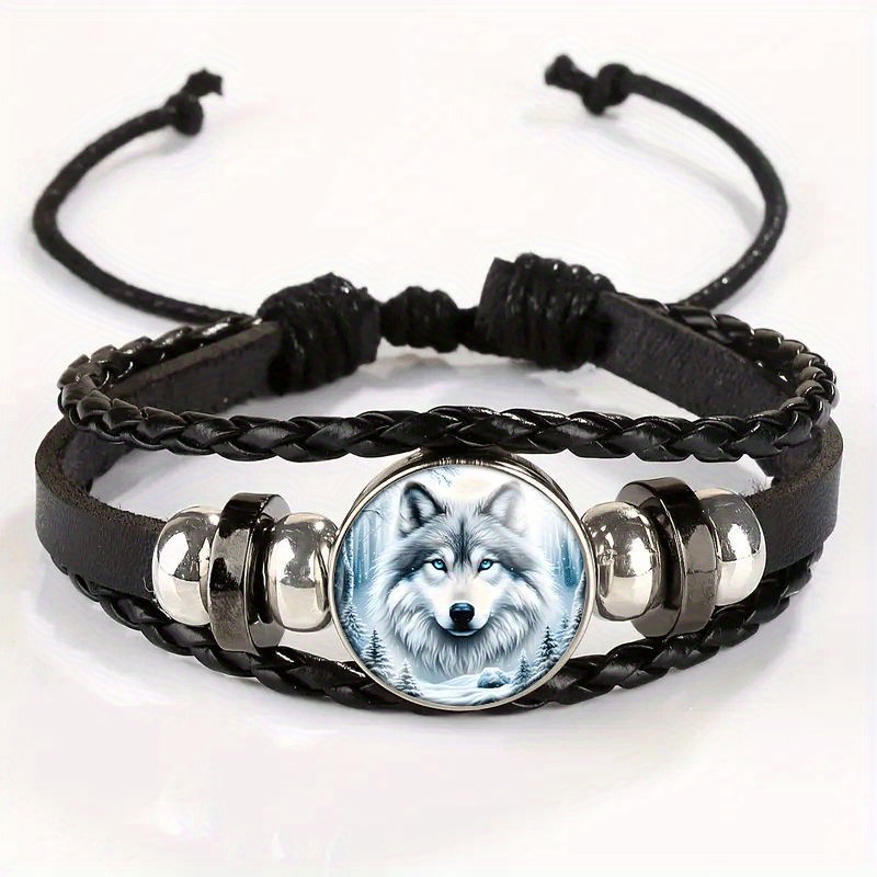 TEMU Adjustable Vintage Bracelet Featuring An- White Wolf Pendant With A Snow Forest Motif- Stylish Black Wristband, Suitable Daily Wear Or As A