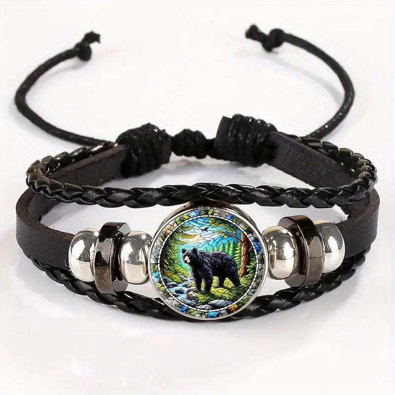 TEMU Adjustable Vintage Bracelet With Black Forest Stained Glass Pendant - Stylish Black Leather Wristband, Daily Wear Or Gifting, For Teenager