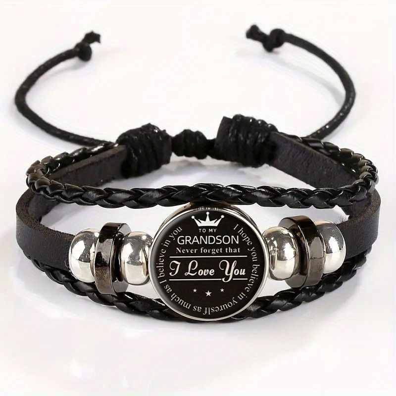 TEMU Adjustable Vintage Bracelet With Ball Engraved "grandson I Love You" Pendant - Black Leather Wristband, Mixed, Gift For Grandparents, Everyday Jewelry For &, For Teenager