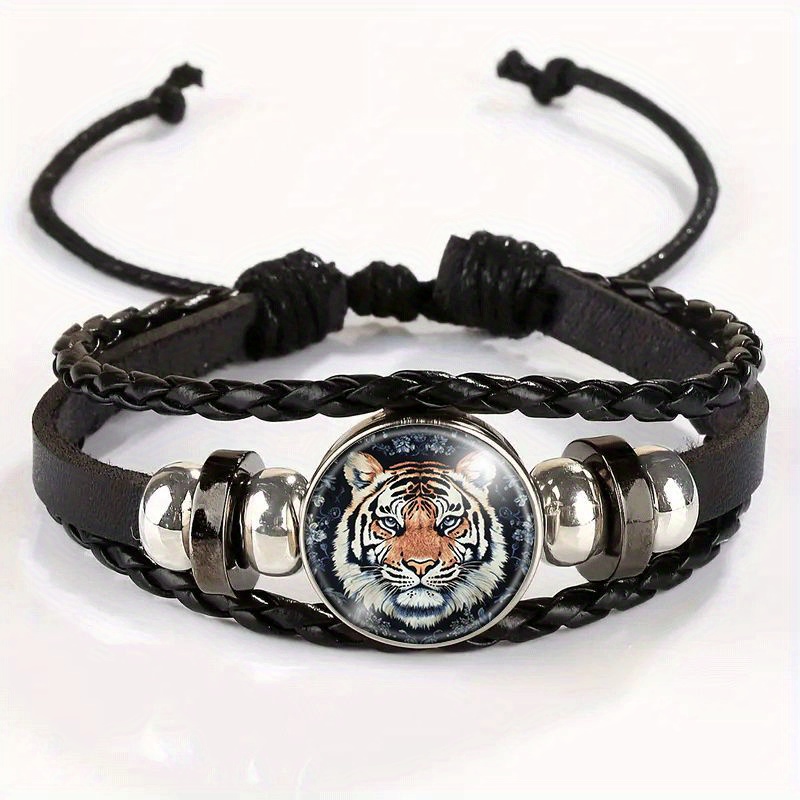 TEMU Bracelet unisexe vintage en similicuir tressé avec imprimé tigre, bracelet réglable en similicuir, accessoire élégant pour tous , adolescents et