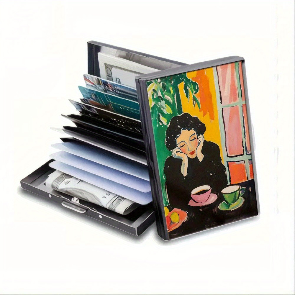 TEMU Stainless Steel Credit Card Holder Women Meditation Coffee Window Credit Card Wallet Business Card Holder Suitable For Women And Men