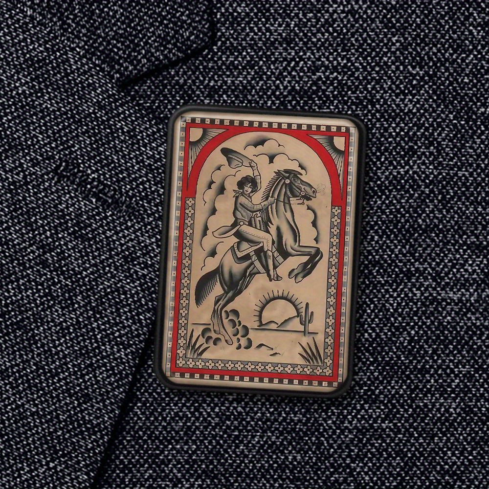 TEMU 1pc Vintage Western Cowboy Riding Horse Metal Brooch - Square Retro Badge With Cactus & , Durable Metal Pin For Hats, Bags, Jackets - Rustic