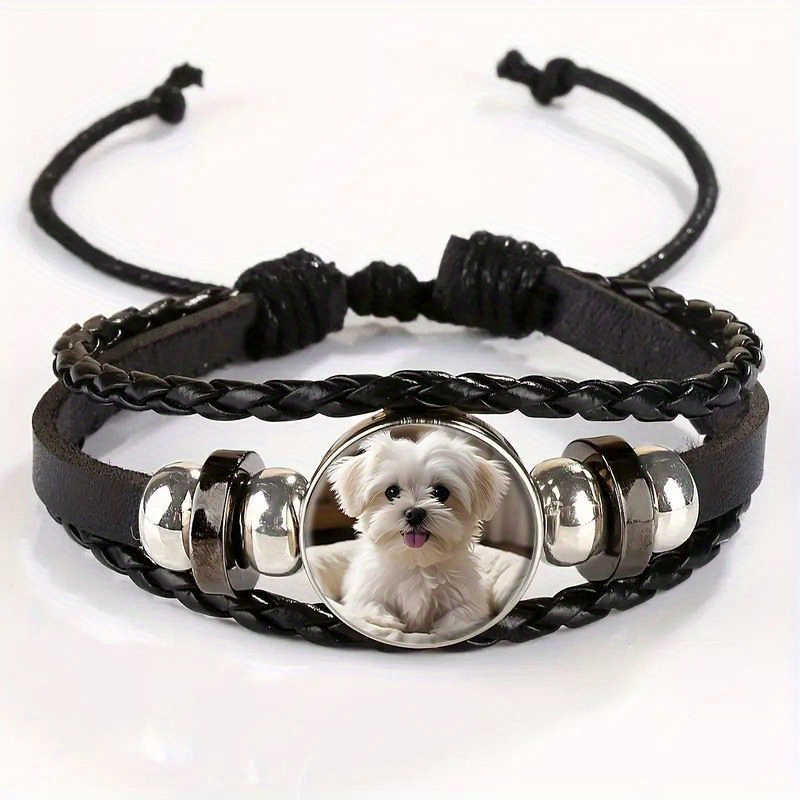 TEMU Adjustable Vintage Bracelet With A Cute White Pendant - Stylish Black Faux Leather Wristband, Suitable For Daily Wear Or As A Gift