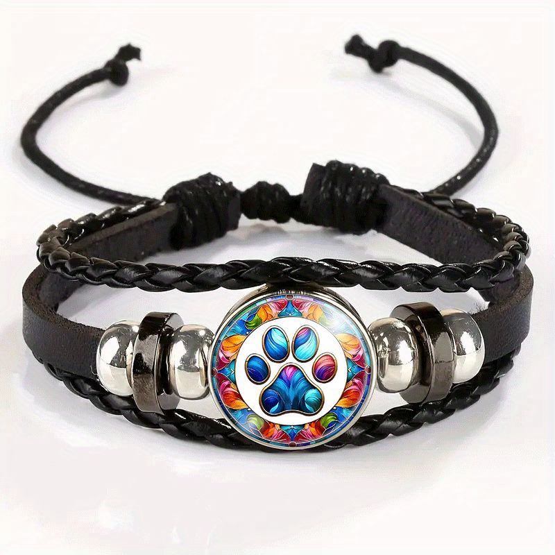 TEMU Adjustable Vintage Paw Print Bracelet - Colorful Painted Glass Pendant & Black Wristband, Suitable For Casual Attire, Gift For, For,, Or Special