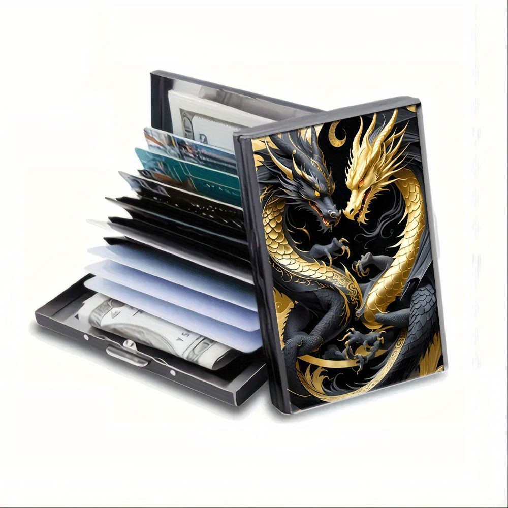 TEMU Stainless Steel Credit Card Holder Black Golden Double Dragon Picture Credit Card Wallet Business Card Holder Suitable For Women And Men