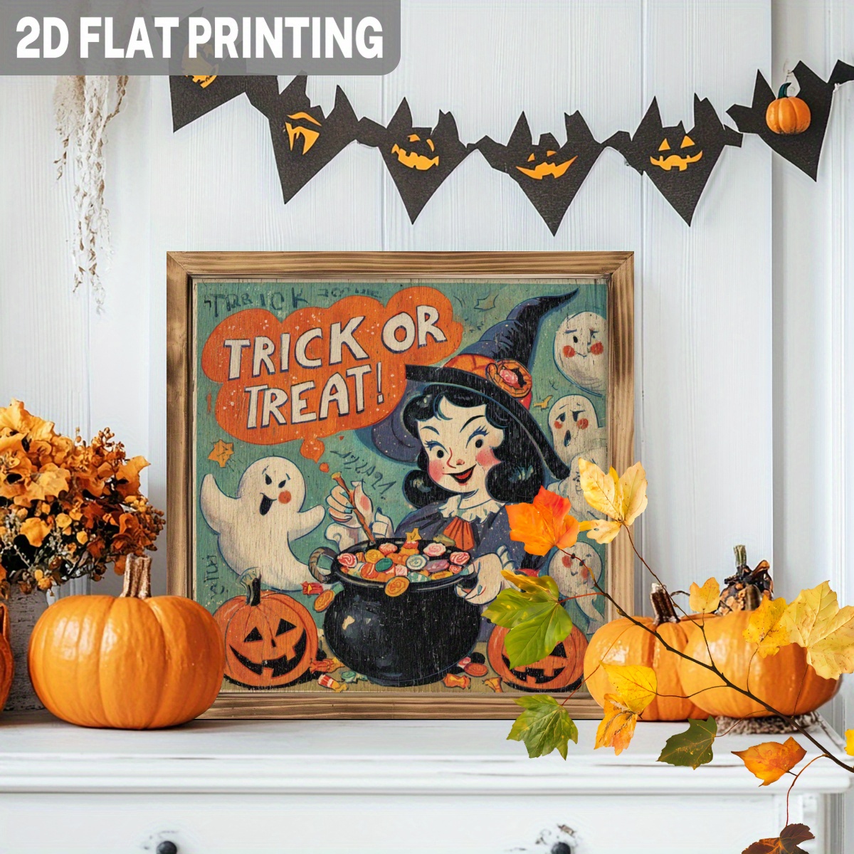 TEMU 2d Flat, 1pc Vintage Wood Framed Trick Or Treat Sign - 8x8 Inch Square Retro & Candy Cauldron Wall Decor With Smiling , For /outdoor Halloween