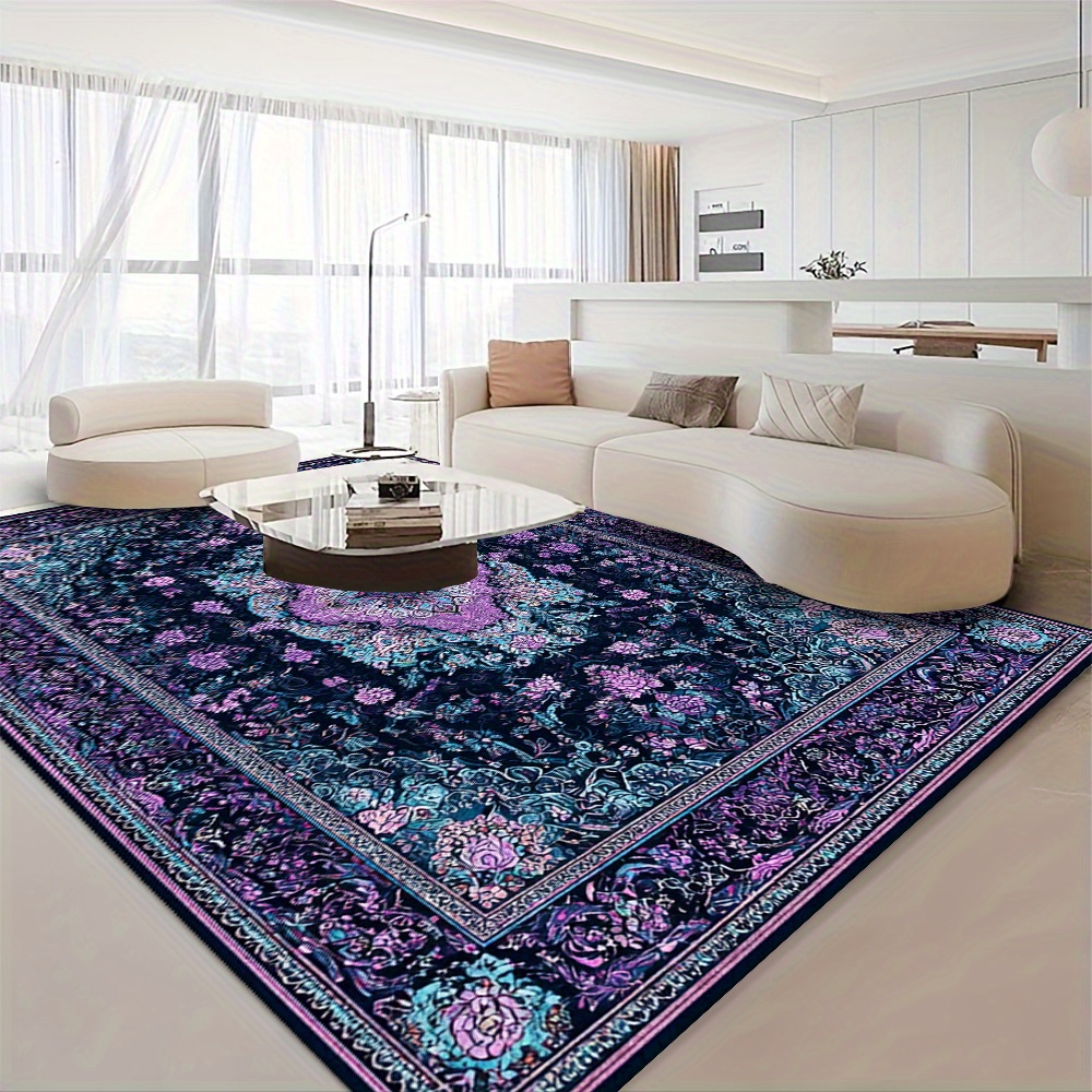 TEMU Velvet Vintage Area Rug, Featuring Purple With Multicolored Patterns Around The Edges. Machine Washable And Non-slip, Thickened, Wear-resistant,