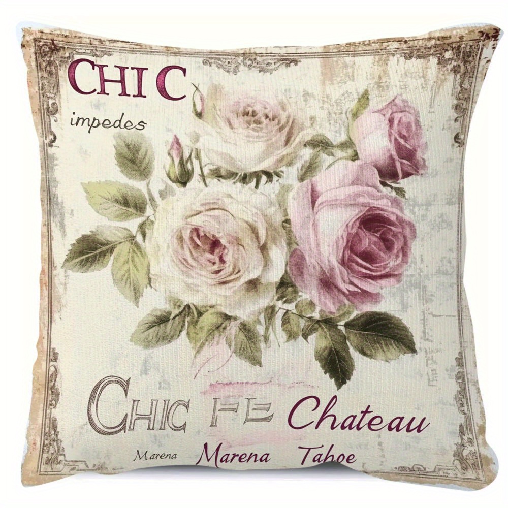 E-shop 1 Stück Vintage Blumen-Kissenbezug im französischen Landhausstil - Shabby Chic Rosen-Design mit Reißverschluss, doppelseitig Rosa & Weißer
