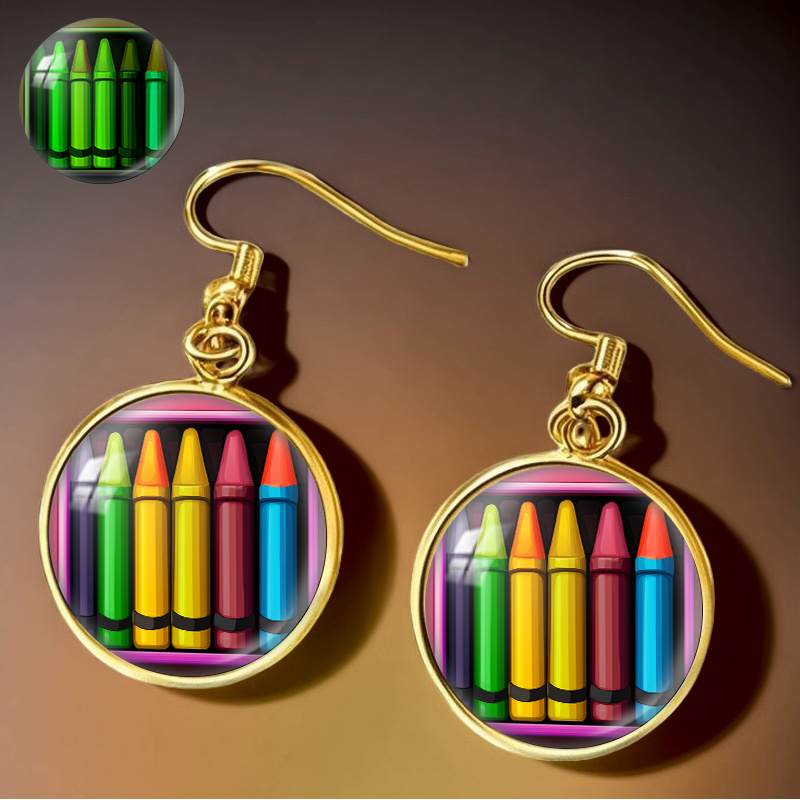 TEMU Colorful Crayon Set Earrings With Golden Pendants, Available -in-the-dark And Fluorescent Styles, Everyday Wear And Holiday Gifting