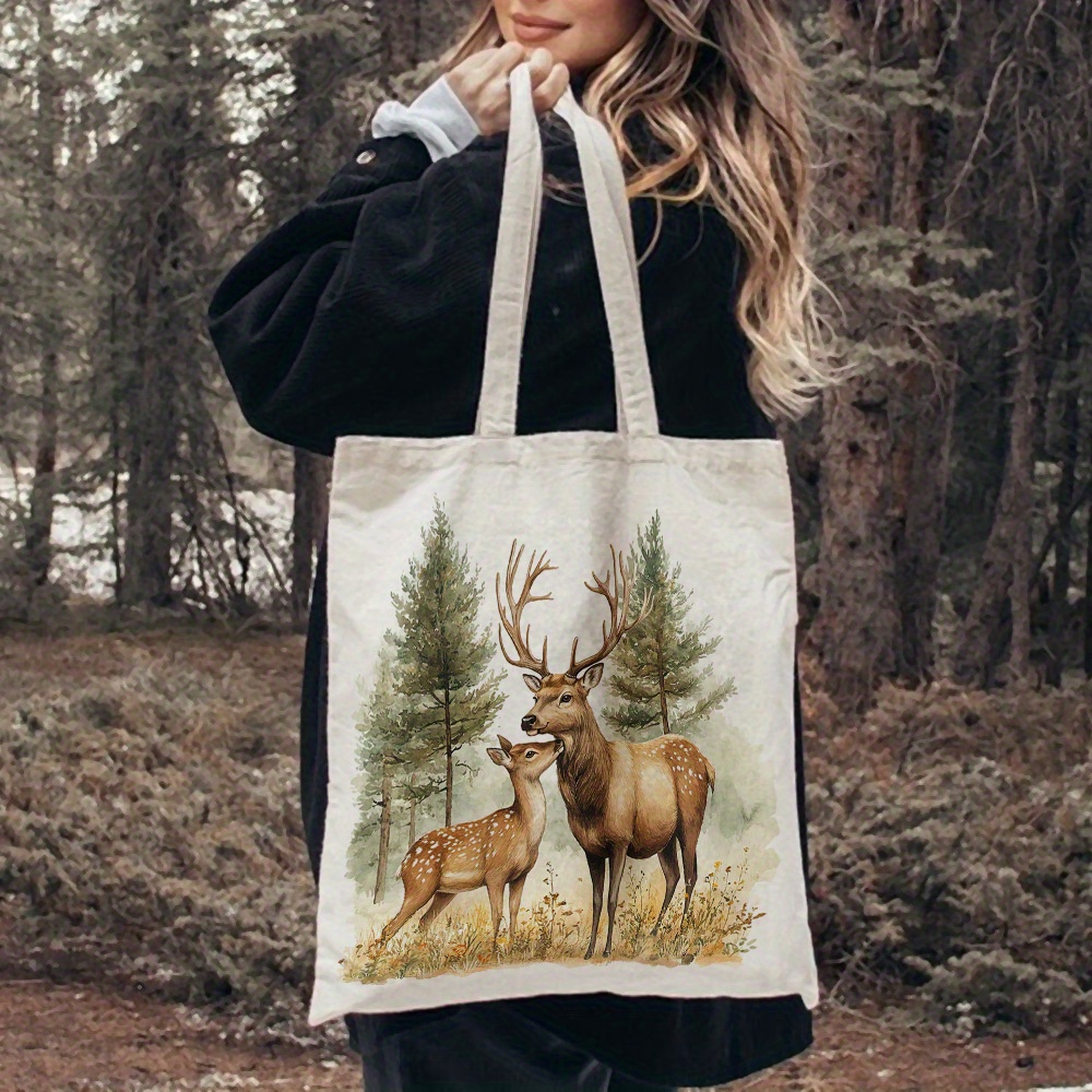 Image of 1pc Of A Deer-themed Canvas Tote Bag, Perfect For Grocery Shopping And Daily Activities. Measuring 13.8 By 15.8 Inches, This Stylish Bag Is Great For Commuting, School