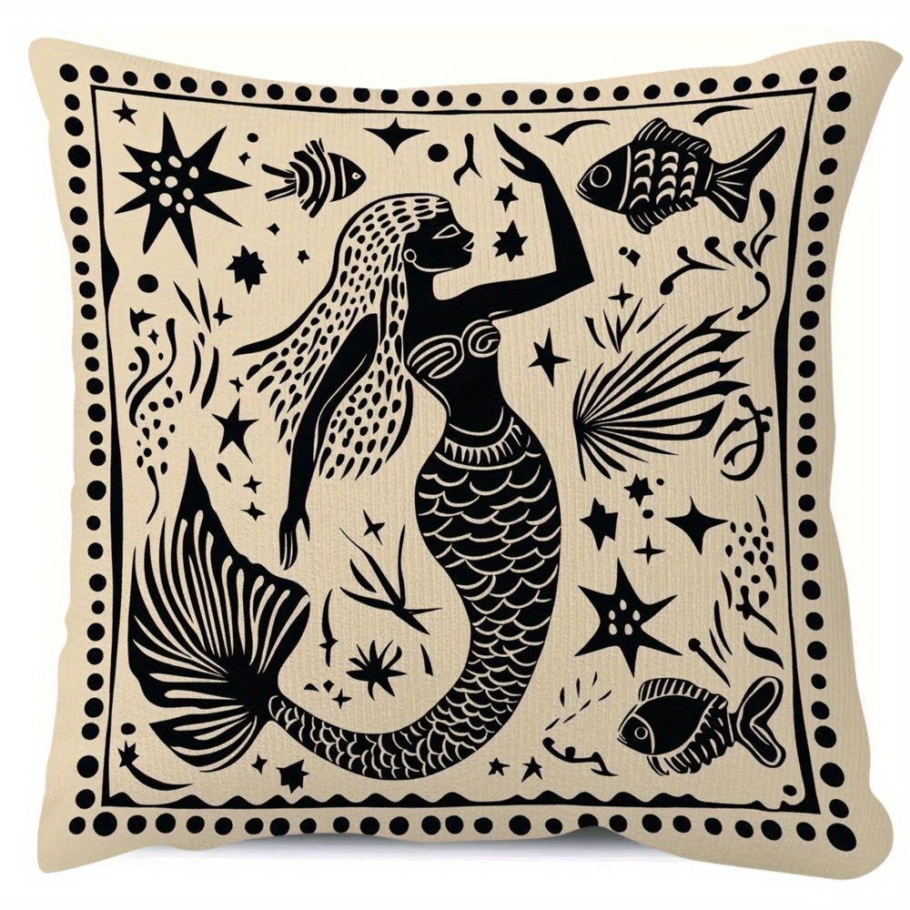 TEMU 1pc 18x18 Inch Bohemian Mermaid & Nautical Print Cushion Cover - Double-sided Soft Plush Pillowcase Suitable For Sofa Bed Chair, Zipper Closure