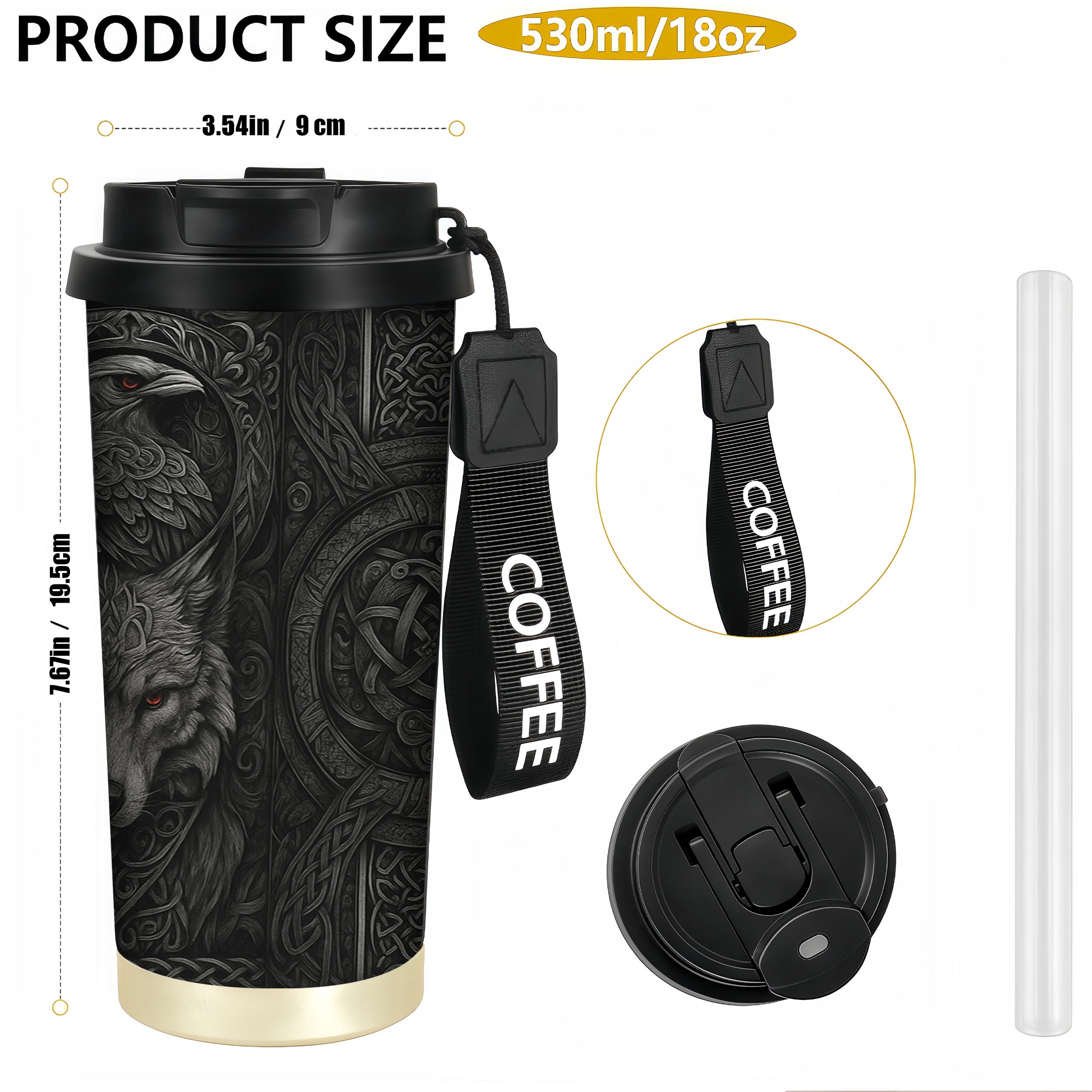 1pc 18oz Coffee Stainless Steel Tumbler, Leak-proof, Gift Idea, Viking And Wolf Design