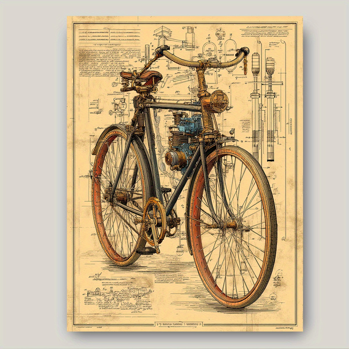 TEMU 2d Flat, 2d Flat 1pc Vintage Bicycle Patent Art Print - Industrial Illustration Nostalgic Cycling Poster In Brown Tones, Canvas Tapestry For