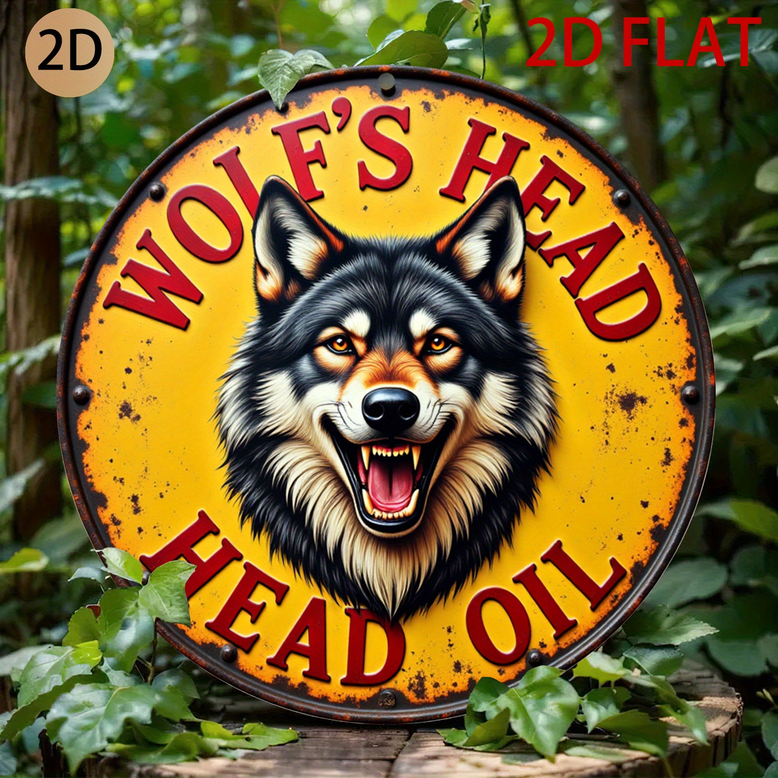 TEMU 2d Plane Circular Wolf Head Oil Tin Metal Sign Rustic Wall Art Suitable For Home Garage Or Diner, 2d Flat, Room Decor