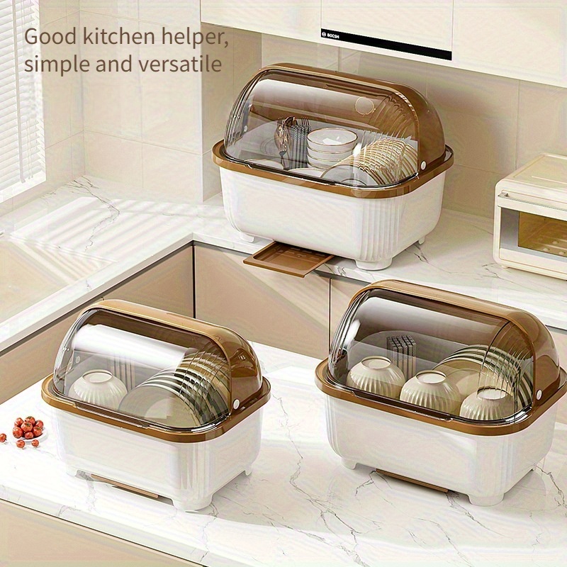 kitchen plastic dish storage cabinet, dustproof bowl and plate drainer with lid and utensil organizer, multifunctional dish rack with removable draining tray, bowl and plate drying rack, kitchen countertop organizer, used for kitchen, cabinet 0