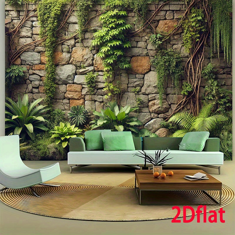 Toile de fond 2D Plate, 2D Plate - 2D Plate, 2D Plate - 1pc Lush Ivy And Stone Wall 243.84cm X 182.88cm en polyester - Idéal pour les fêtes d'anniversaire, les cabines photo et les célébrations en extérieur, décoration durable et polyvalente, aucune alimentation électrique requise