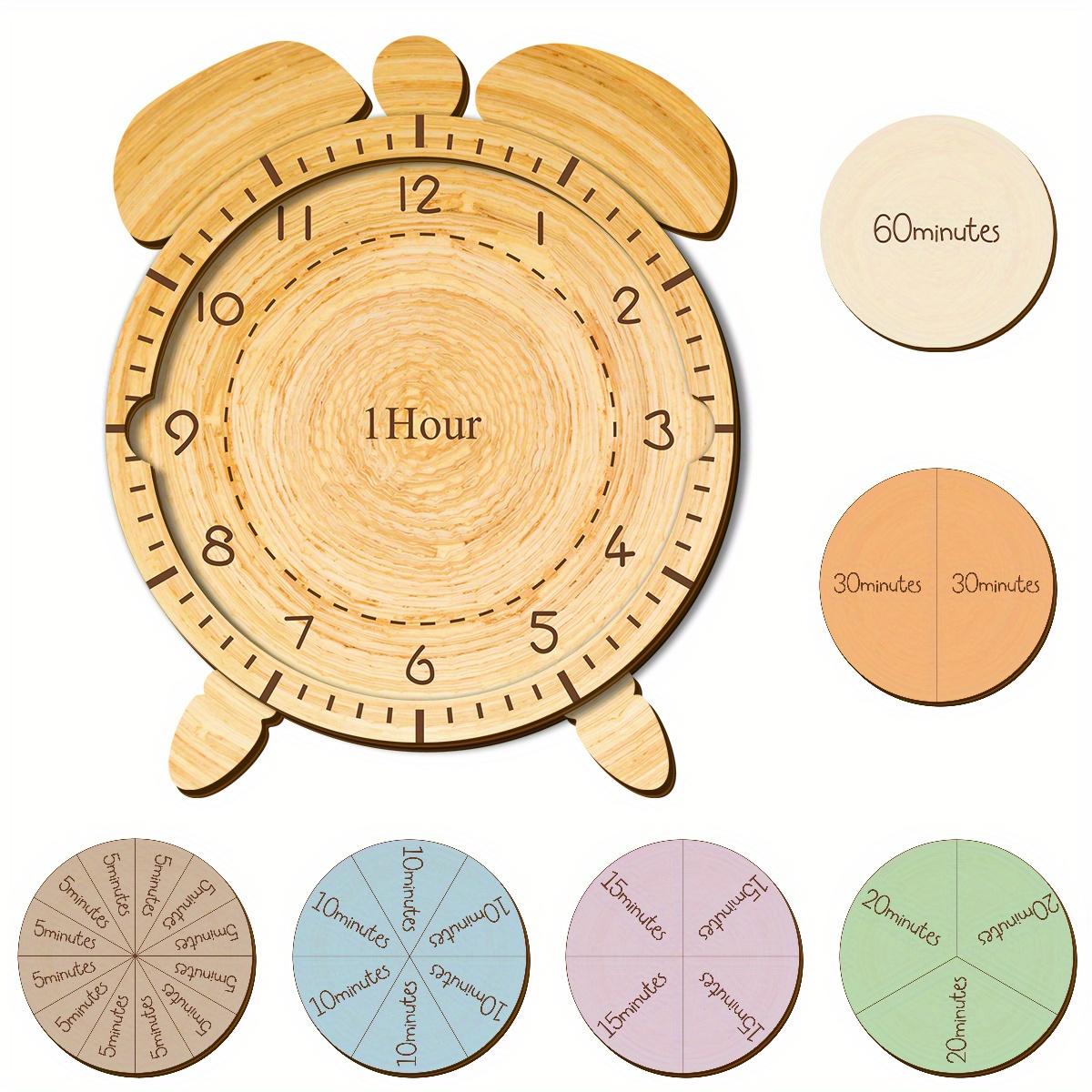 1 Set Wooden Bar, Alarm Clock Shape Design, Learn To Count Learning Supplies Combination Board Set Math Teaching Time Fraction Learning Circles | Learn To Time Wooden Math Manipulatives