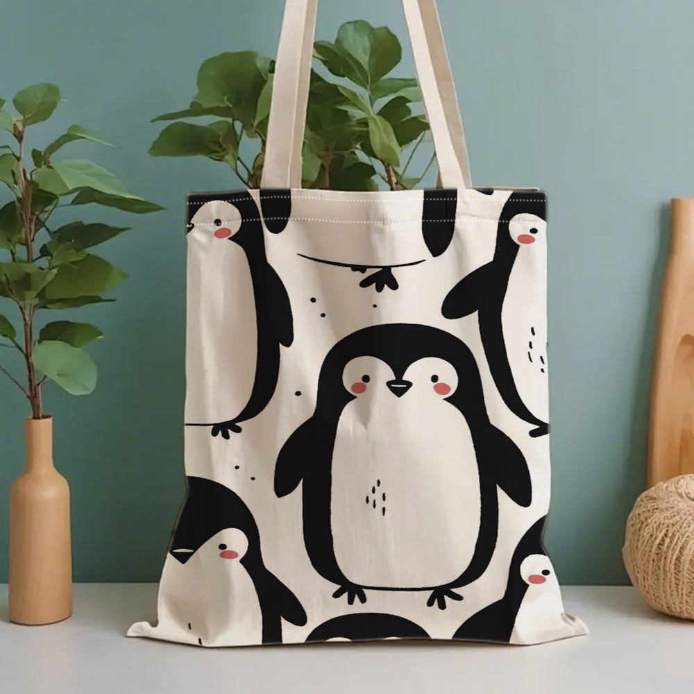 1pc Cute Penguin Pattern Double-sided Print Shoulder Bag | Casual Multi-functional Tote, Fashionable Canvas Shopping Bag, Large Capacity Storage, Ideal Gift For Mother, Sister, , Students