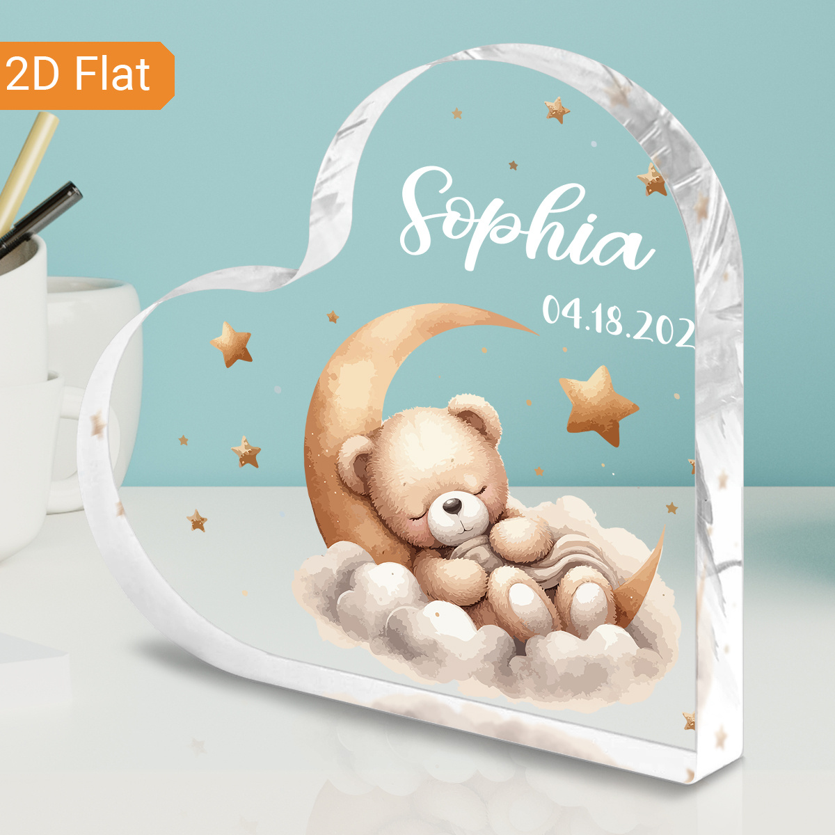 TEMU [2d Flat] 1pc Customizable Name And Date Acrylic Heart-shaped Baptism Ornament, Printed With Bear Elements Lying Clouds, Baptism Gifts, Baptism