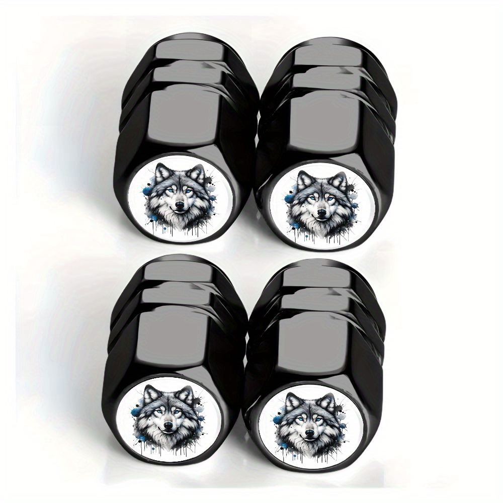 TEMU 4pcs Black Wolf Head Watercolor Style Drawing Tire Valve Caps - For Cars, Trucks, Suvs And Motorcycles, Durable Aluminum Alloy, Stylish And