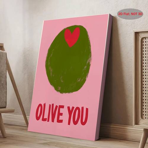 2D Flat, 1pc Funny Olive Lover Wall Art Poster - I Dopamine Print Kitchen Decor with Wooden Frame - Vintage Italian Painting for Living Room, Bathroom, Housewarming Gift - Ready-to-Hang Canvas Art (11.8x15.7 Inch / 30x40cm) - Pink Background Olive Decorations, Bathroom Decoration, Design,