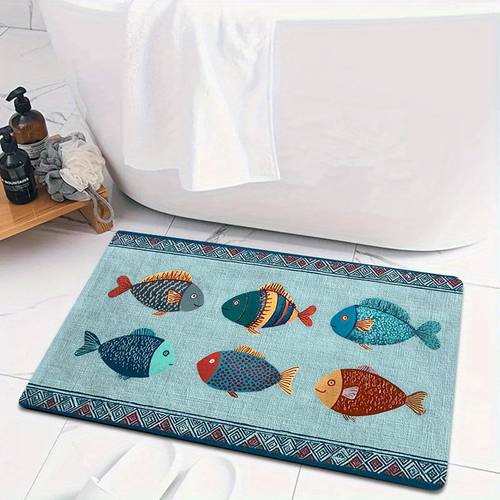 1pc non slip absorbent bath mat suitable for bathroom kitchen bedroom soft flannel rug with colorful fish pattern thick cushioned floor machine washable plastic backing suitable for bath shower bedside decor