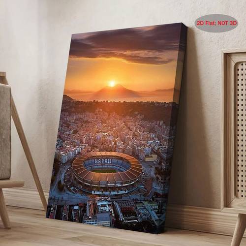 2D Flat, 1pc Club Stadium Canvas Wall Art - Sunset & Mount Print, Vintage-Style Wooden Framed Ready-to-Hang Decor (29.97x39.88 cm) for Bedroom, Living Room, Kitchen, Bathroom - Perfect Gift for , Family & Holidays