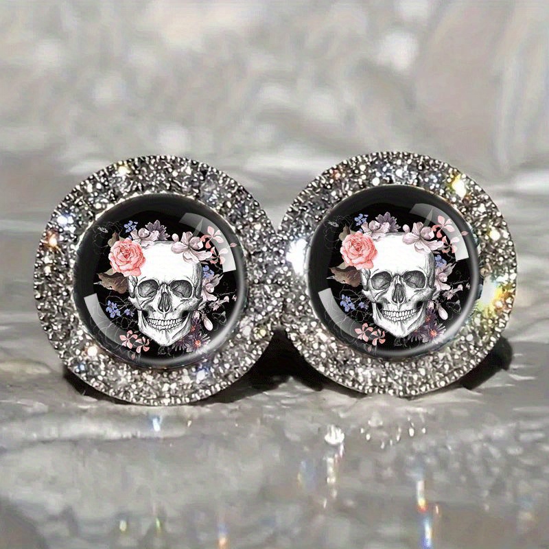 Sparkling Skull Flower Black Background Pattern Earrings, Exquisite Inspirational Jewelry For Fashionable Wear, Ideal Gift And Fashion Trend , For Teenager
