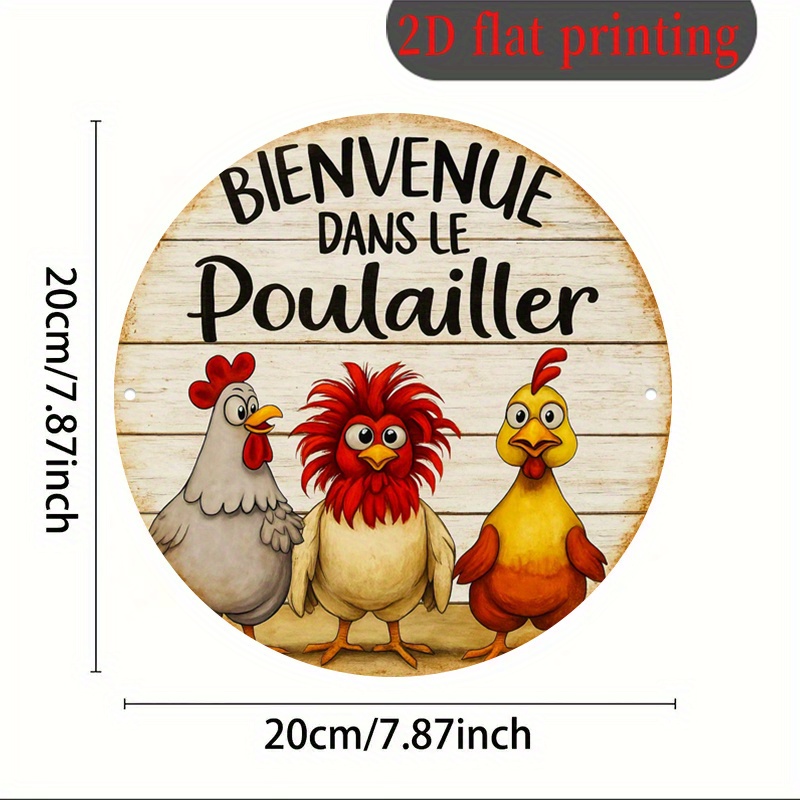 TEMU Plat 2D, Plat 2D - Une plaque vintage en aluminium de 8x8 pouces avec un motif circulaire 2D indiquant « au poulailler », de trois poules.