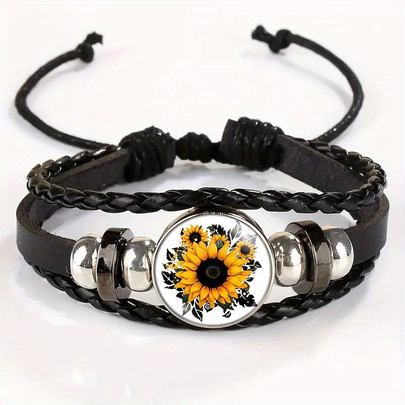 TEMU A Retro Bracelet Featuring A Sunflower Pendant, From A Chic Black Faux Leather Band, Perfect For Daily Use Or As A Thoughtful Present