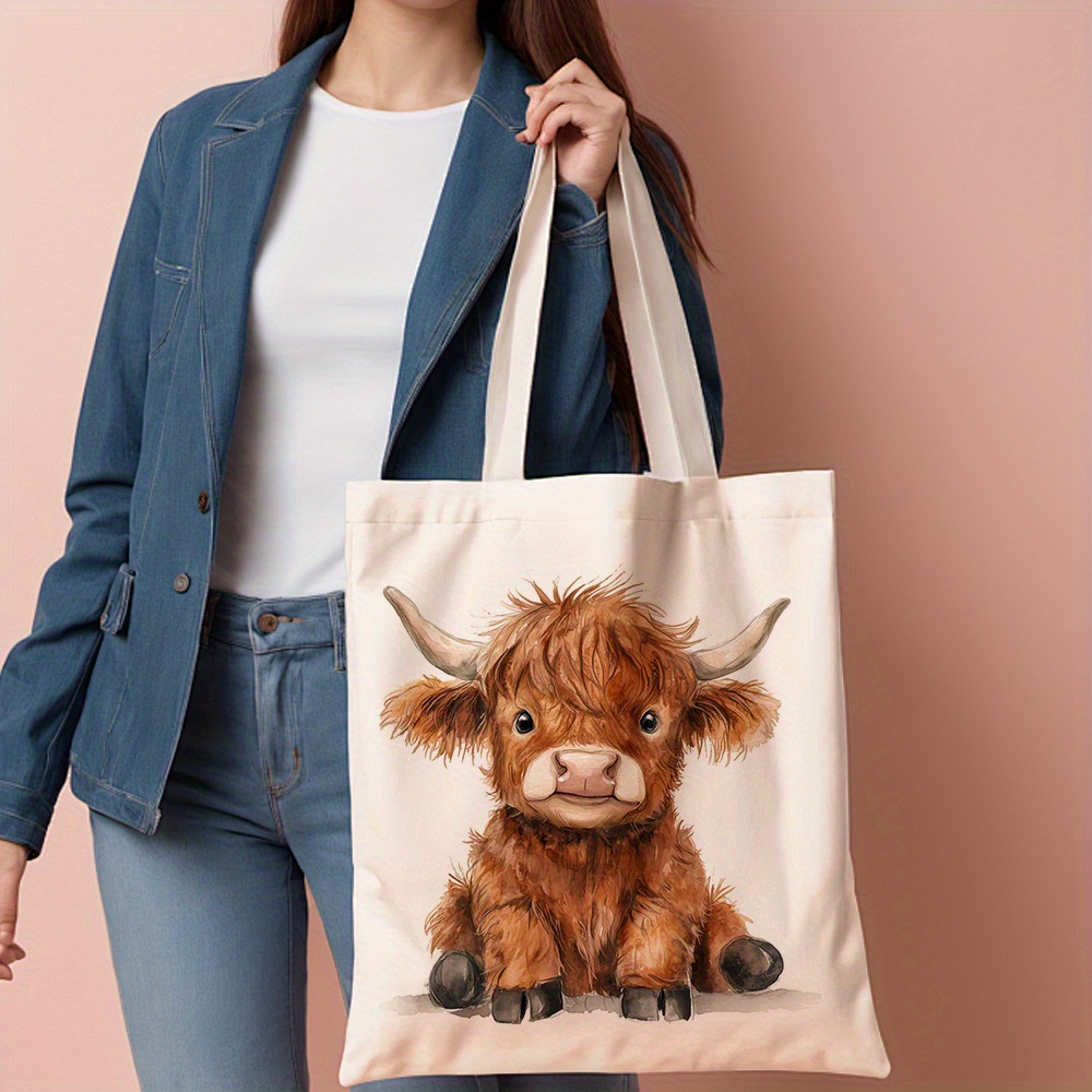 TEMU 1pc Of A Highland Cow Illustration Canvas Tote Bag, Perfect For Grocery Shopping. It Measures 13.8 By 15.8 Inches And Features A Cute For Animal